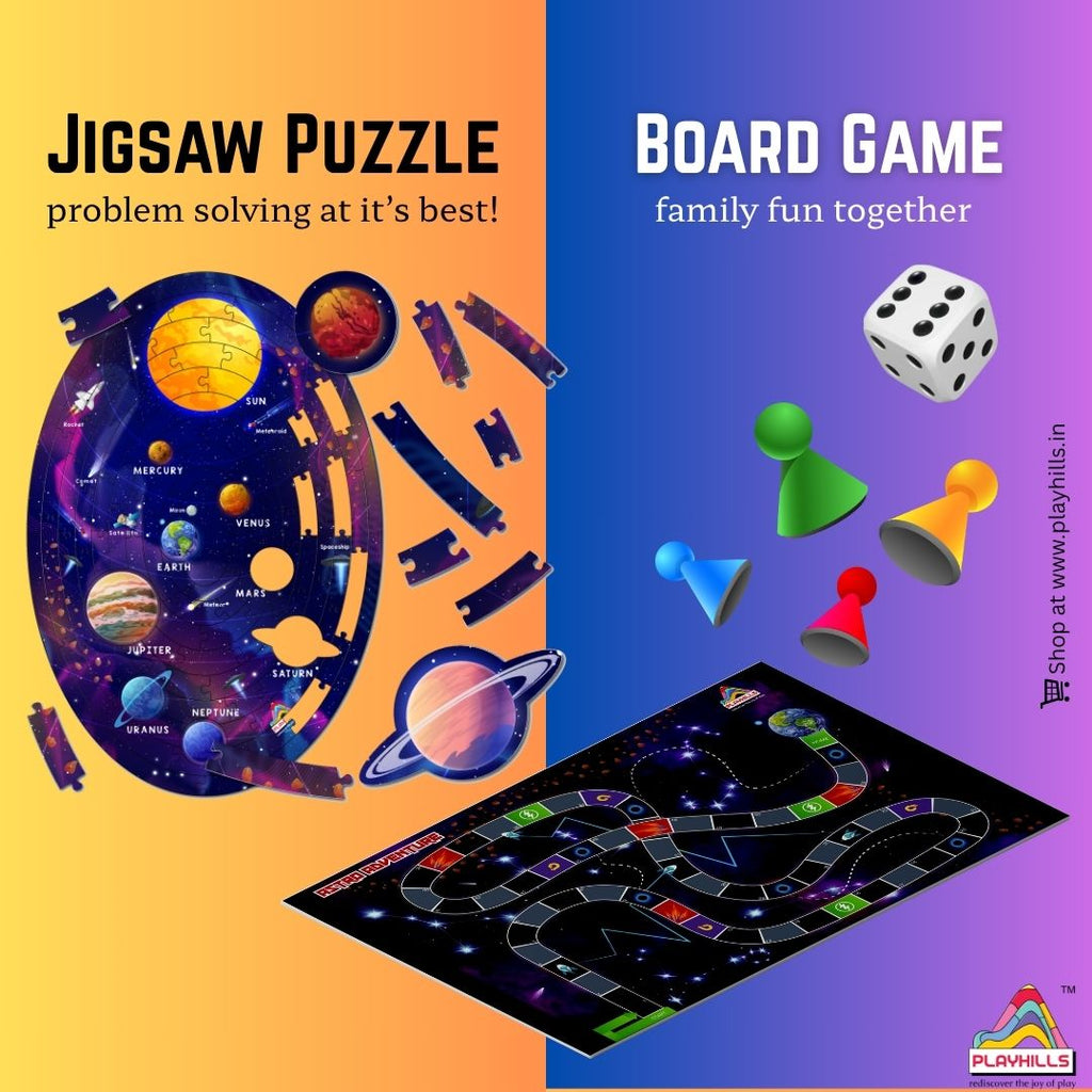 Playhills Combo Astro Adventure 2-in-1 Jigsaw Puzzle + Multiplayer Board Game, 108 wooden pieces and Game board for Kids Age 5+ years