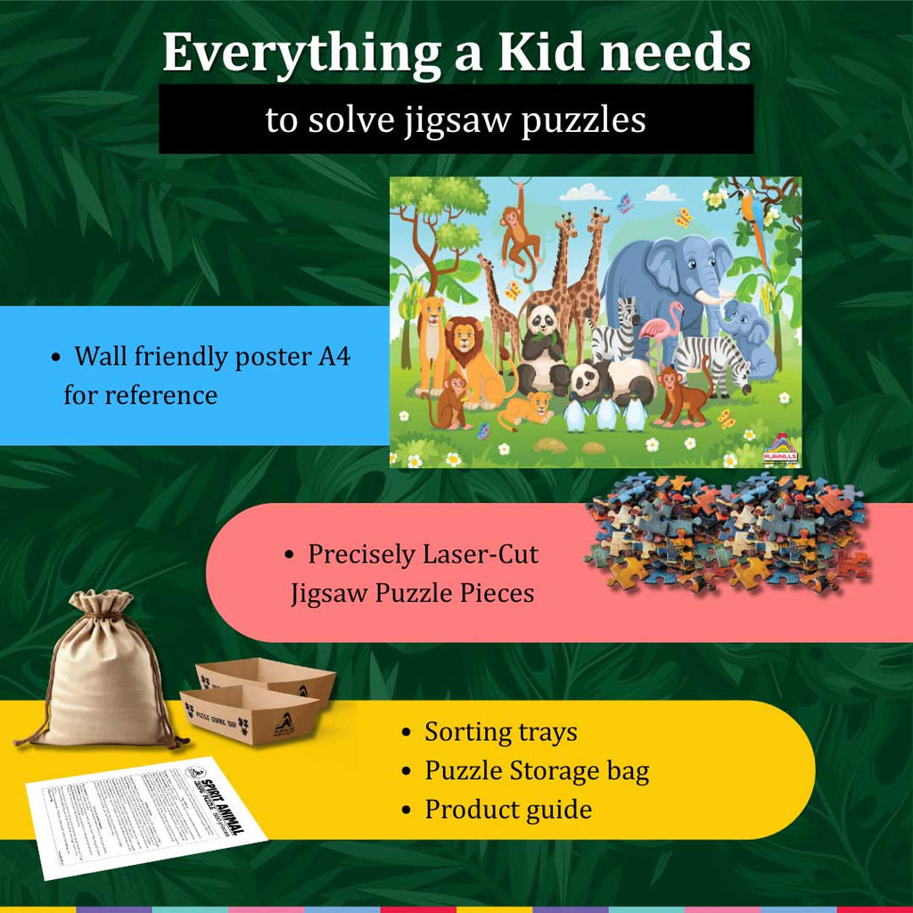 Playhills Wild Animals Together in The Zoo, Wooden Puzzle 60 Puzzle Pieces for Kids 3+Years