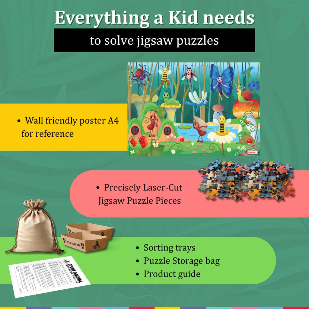 Playhills Bugs and Insects, 60 Pieces Wooden Jigsaw Puzzle for Kids 3+ years