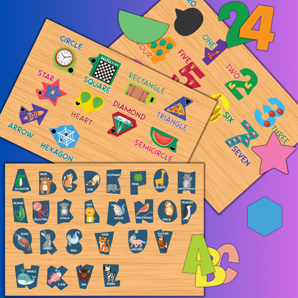 Playhills Combo Learning Board ABCD + Number + Shapes Wooden Puzzle Activity Set