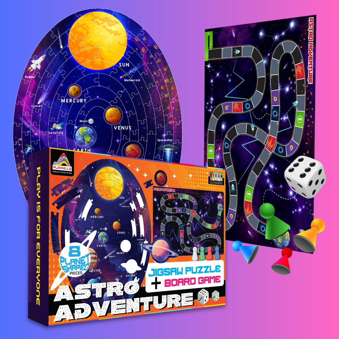 Playhills Combo Astro Adventure 2-in-1 Jigsaw Puzzle + Multiplayer Board Game, 108 wooden pieces and Game board for Kids Age 5+ years