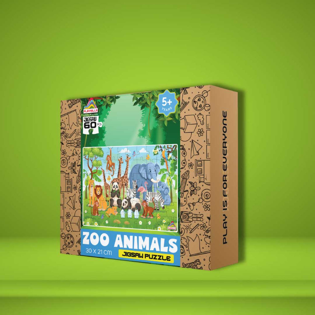 Playhills Wild Animals Together in The Zoo, Wooden Puzzle 60 Puzzle Pieces for Kids 3+Years