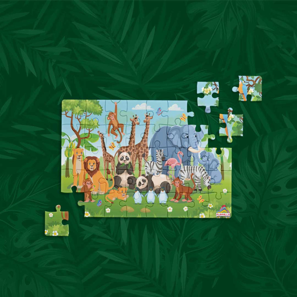 Playhills Wild Animals Together in The Zoo, Wooden Puzzle 60 Puzzle Pieces for Kids 3+Years