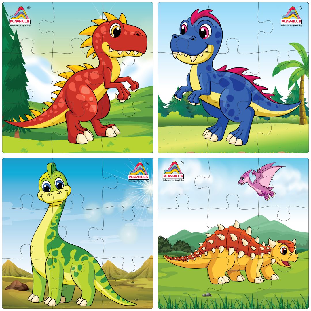 Wooden Jigsaw Puzzle Set | Colorful Dinosaur Theme | 9-Piece Puzzles for Kids | Educational Learning Toy | Set of 4 Puzzles