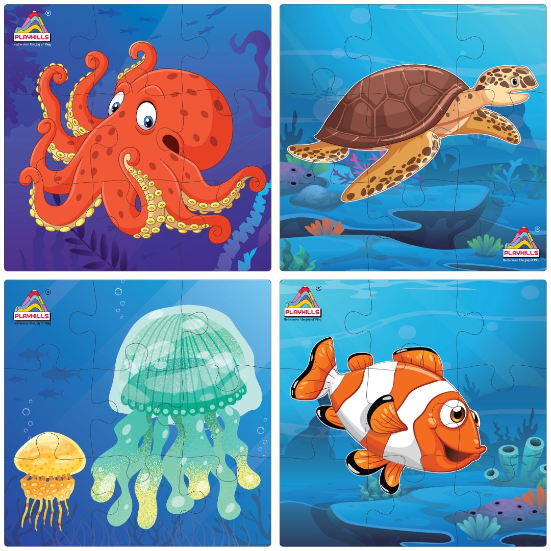 Wooden Jigsaw Puzzle Set | Cute Sea Animals | 9-Piece Puzzles for Kids | Educational Learning Toy | Set of 4 Puzzles